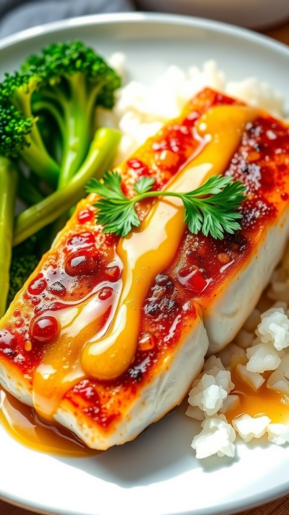 Honey mustard glazed cod fillet on a plate with broccoli and rice, garnished with parsley.